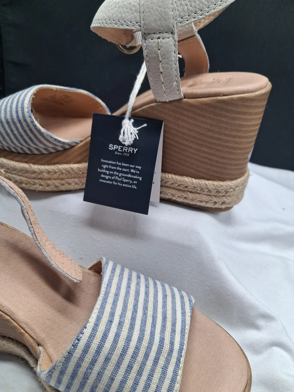Sperry Women's Blue & White Striped Wedge Sandals - Picture 2 of 9